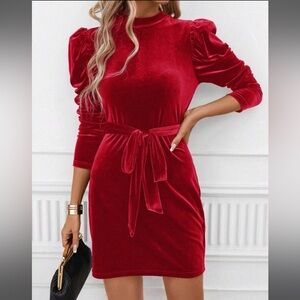 Red Mock Neck Ruffle Sleeve Velvet Dress